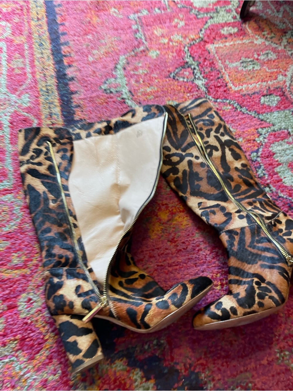 Louise Et Cie Zenia Genuine Calf Hair Knee High Leopard Print Block Heel Boots - Picture 7 of 8